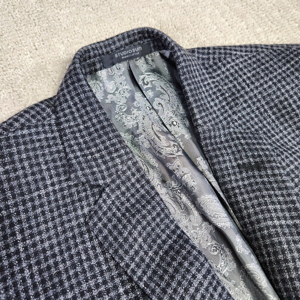 StudioSuits‎ Blazer Men 38 Black Gray Check Plaid Noble Silk Linen Wool Blend